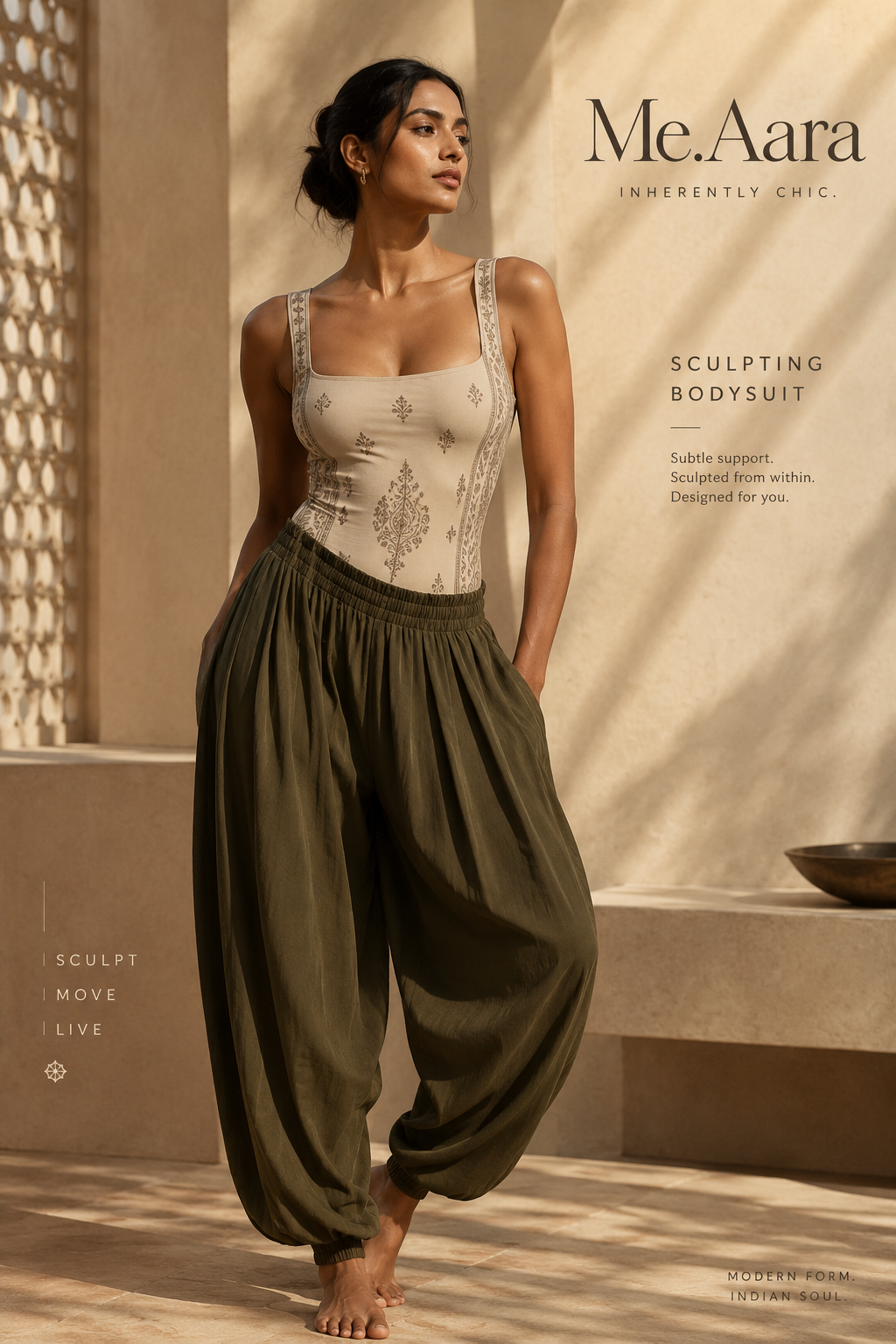Me.Aara woman in an olive movement silhouette against sandstone architecture